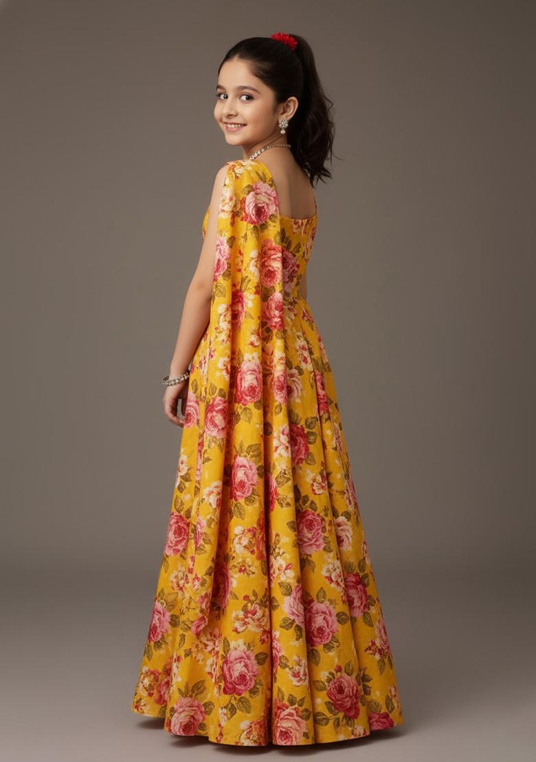 Yellow Satin Floral Print Fusion Set For Girls