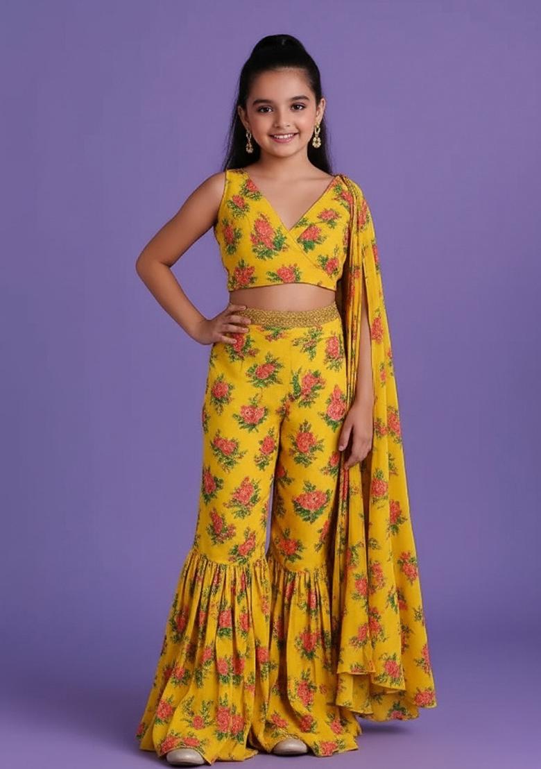Yellow Satin Floral Print Fusion Set For Girls - Indya
