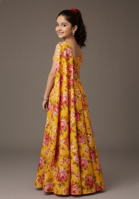 Yellow Satin Floral Print Fusion Set For Girls