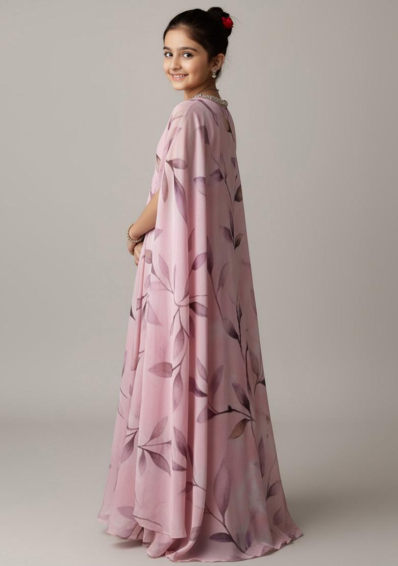 Pink Satin Floral Print Fusion Set For Girls - Indya