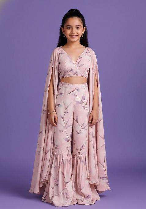 Pink Satin Floral Print Fusion Set For Girls