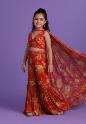 Brown Satin Floral Print Fusion Set For Girls