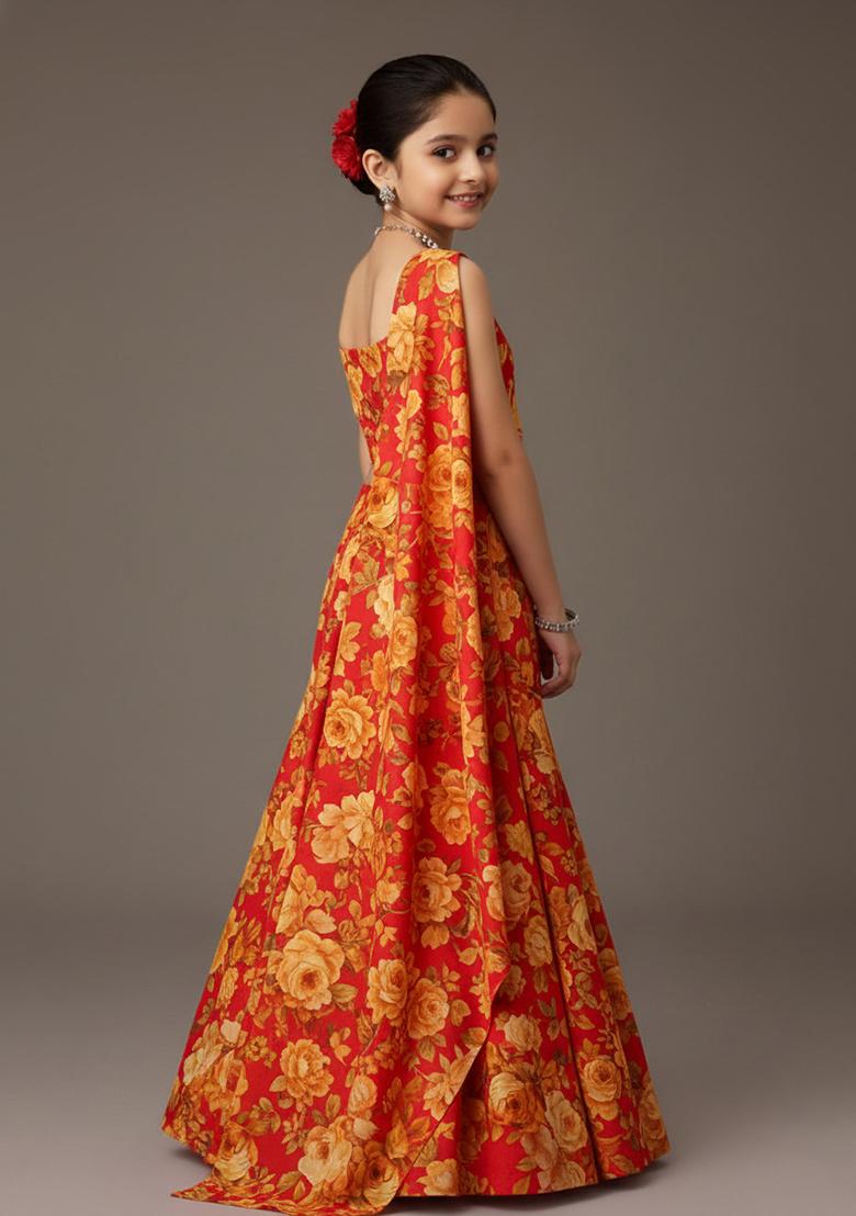 Brown Satin Floral Print Fusion Set For Girls - Indya