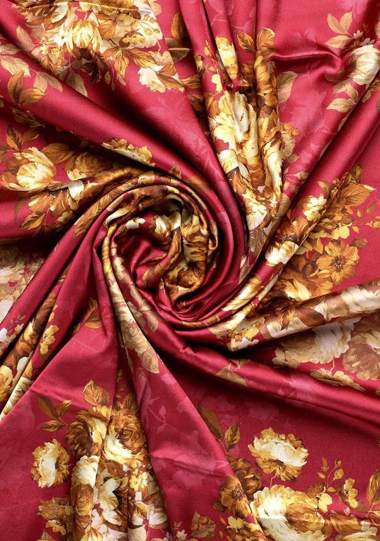 Brown Satin Floral Print Fusion Set For Girls