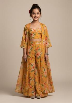 Orange Organza Floral Print Fusion Set For Girls