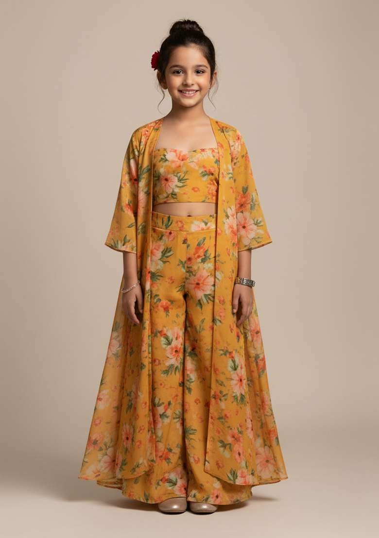 Orange Organza Floral Print Fusion Set For Girls - Indya