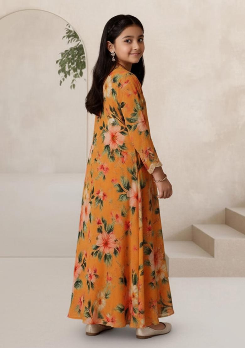 Orange Organza Floral Print Fusion Set For Girls - Indya