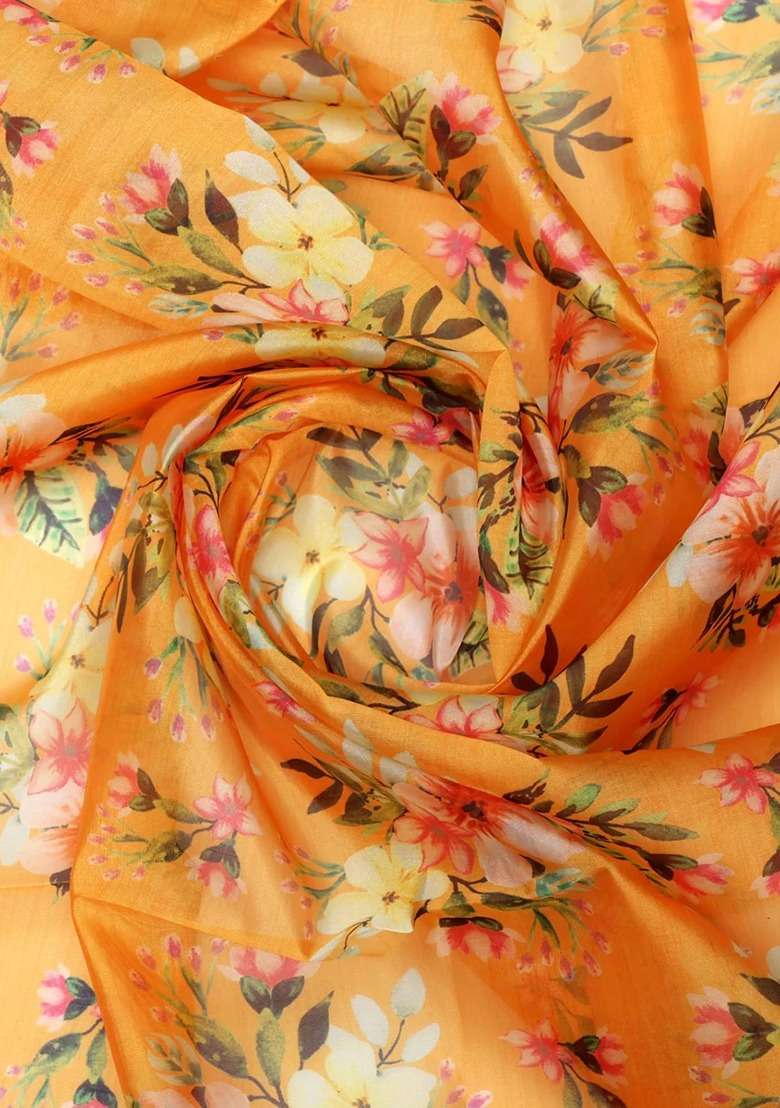 Orange Organza Floral Print Fusion Set For Girls - Indya
