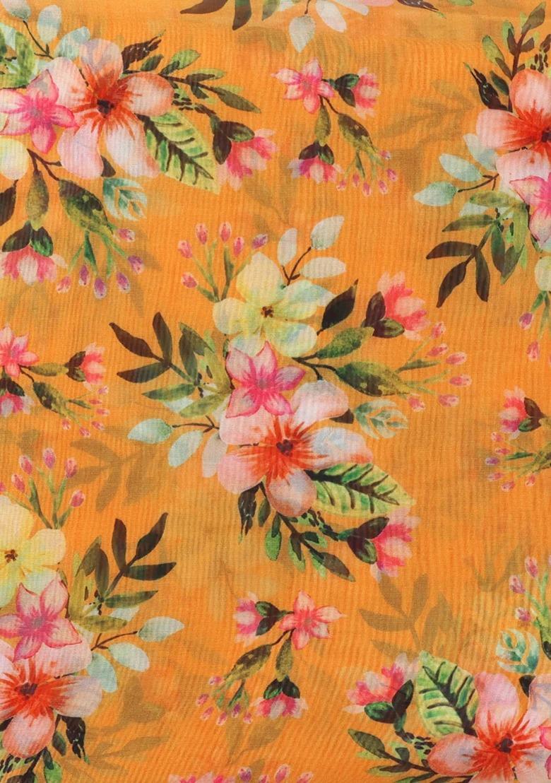 Orange Organza Floral Print Fusion Set For Girls - Indya