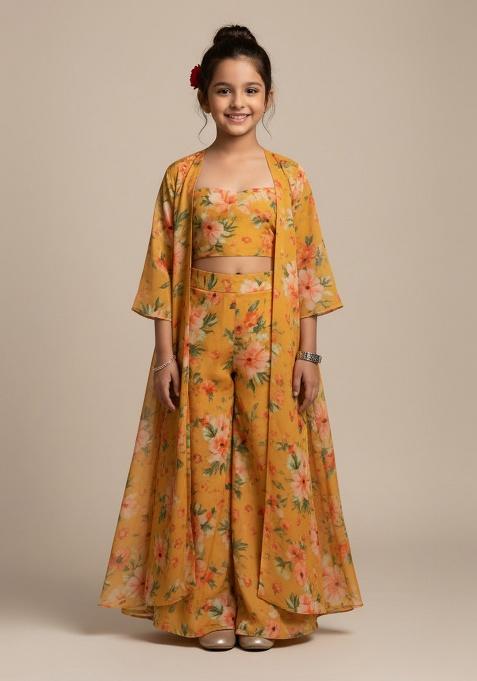 Orange Organza Floral Print Fusion Set For Girls