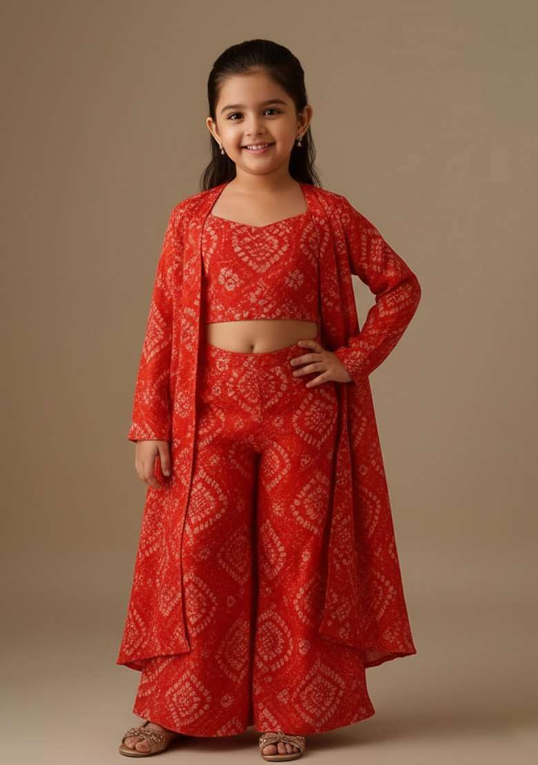 Red Organza Figure Print Fusion Set For Girls - Indya