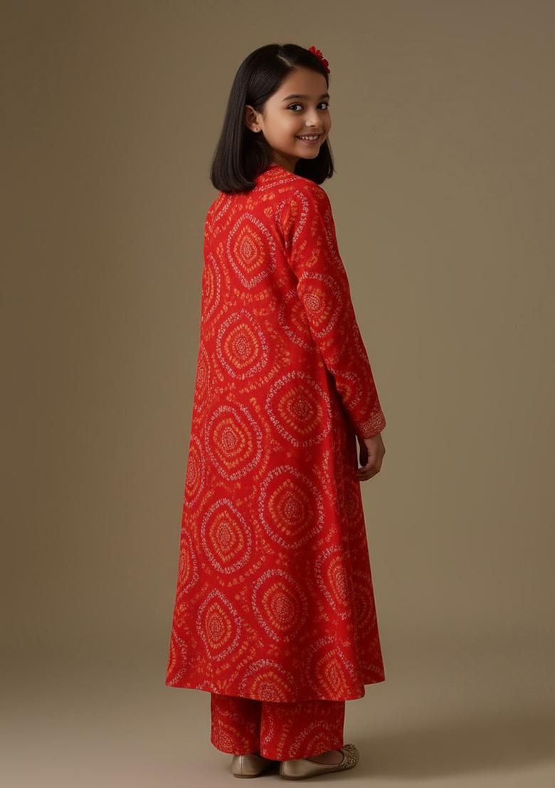 Red Organza Figure Print Fusion Set For Girls - Indya