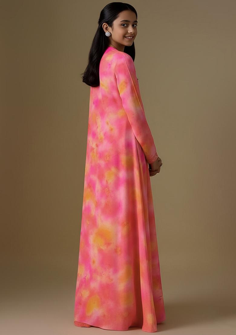 Pink Organza Floral Print Fusion Set For Girls - Indya