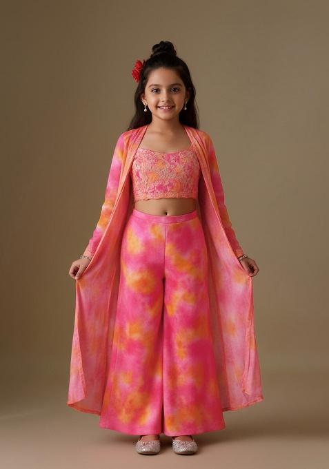 Pink Organza Floral Print Fusion Set For Girls