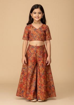 Multi Color Chiffon Floral Print Fusion Set For Girls