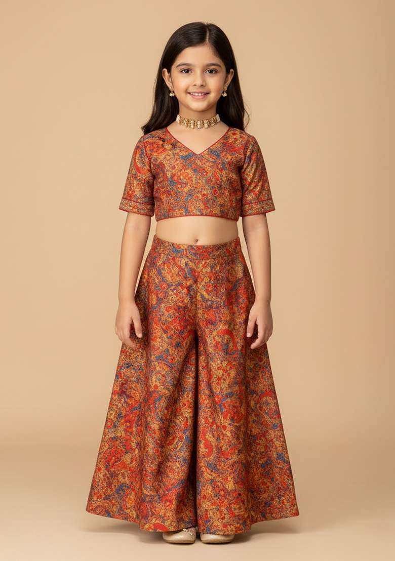 Multi Color Chiffon Floral Print Fusion Set For Girls - Indya