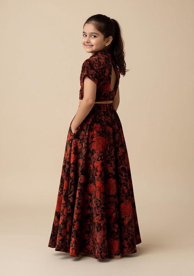 Black Chiffon Floral Print Fusion Set For Girls - Indya