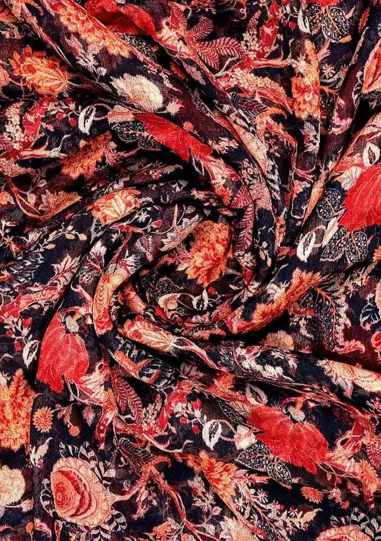 Black Chiffon Floral Print Fusion Set For Girls - Indya