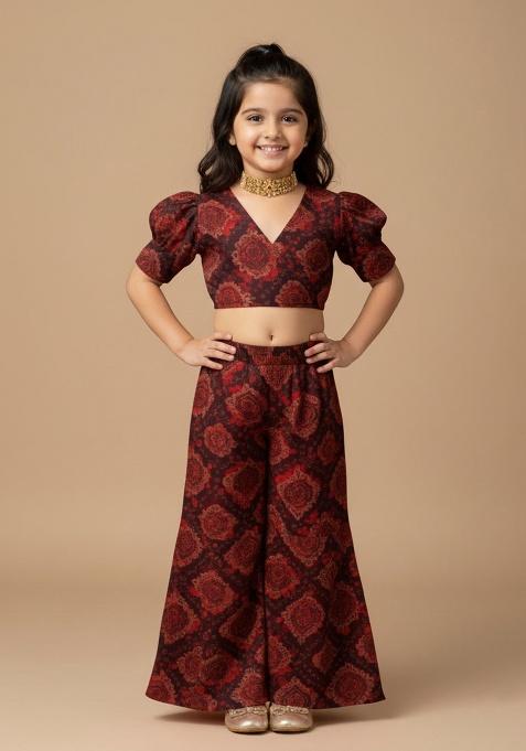 Black Chiffon Floral Print Fusion Set For Girls