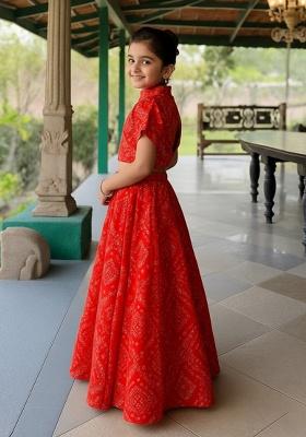 Tomato Red Chiffon Abstract Print Fusion Set For Girls