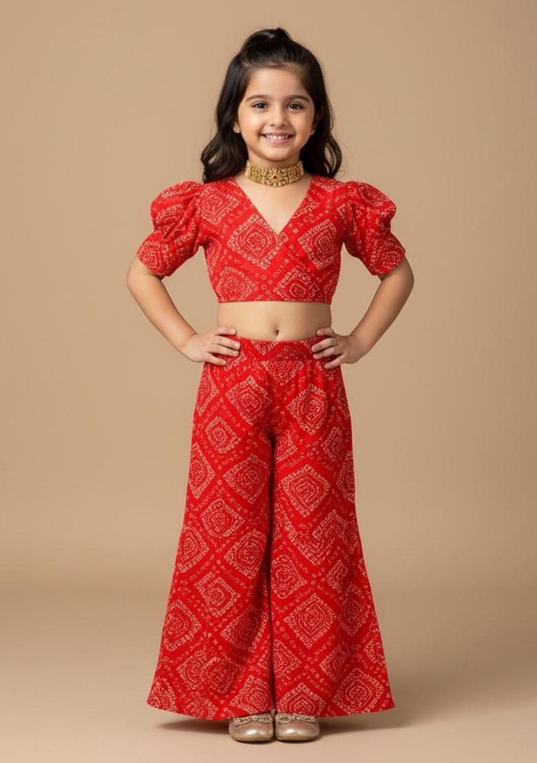 Tomato Red Chiffon Abstract Print Fusion Set For Girls - Indya