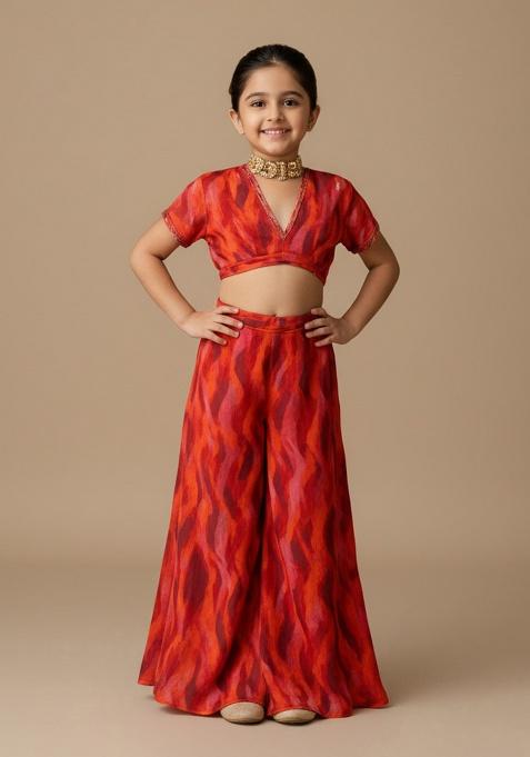 Multi Color Chiffon Floral Print Fusion Set For Girls