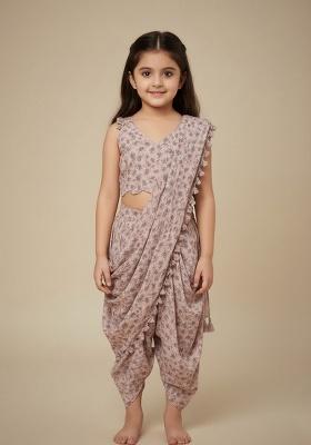 Pink Floral Print Fusion Set For Girls