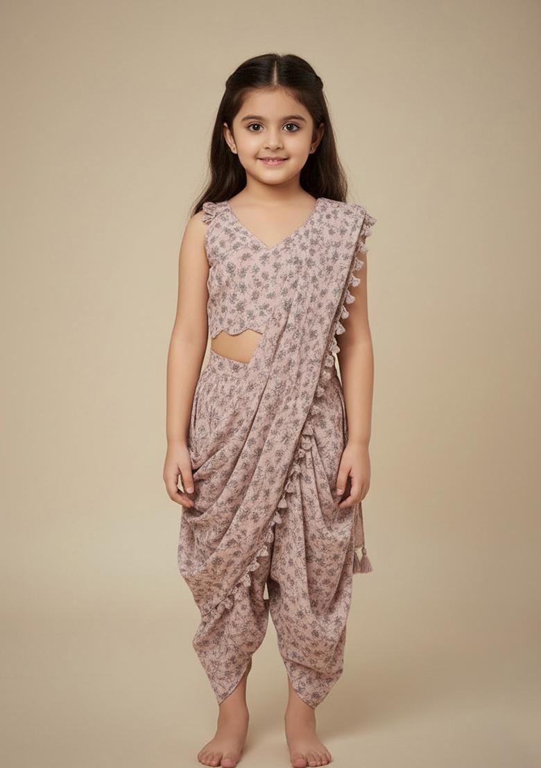 Pink Floral Print Fusion Set For Girls