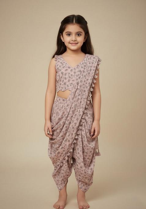 Pink Floral Print Fusion Set For Girls