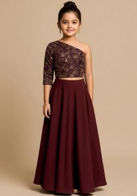 Brown Georgette Embroidered Fusion Set For Girls