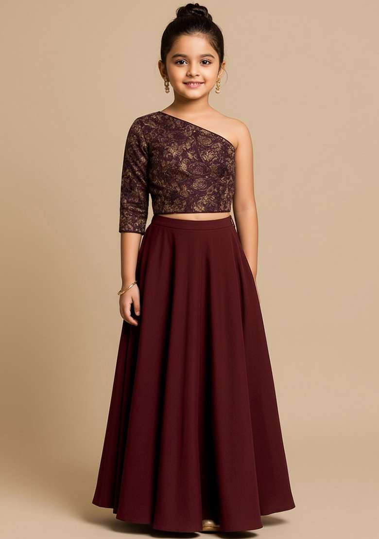 Brown Georgette Embroidered Fusion Set For Girls - Indya