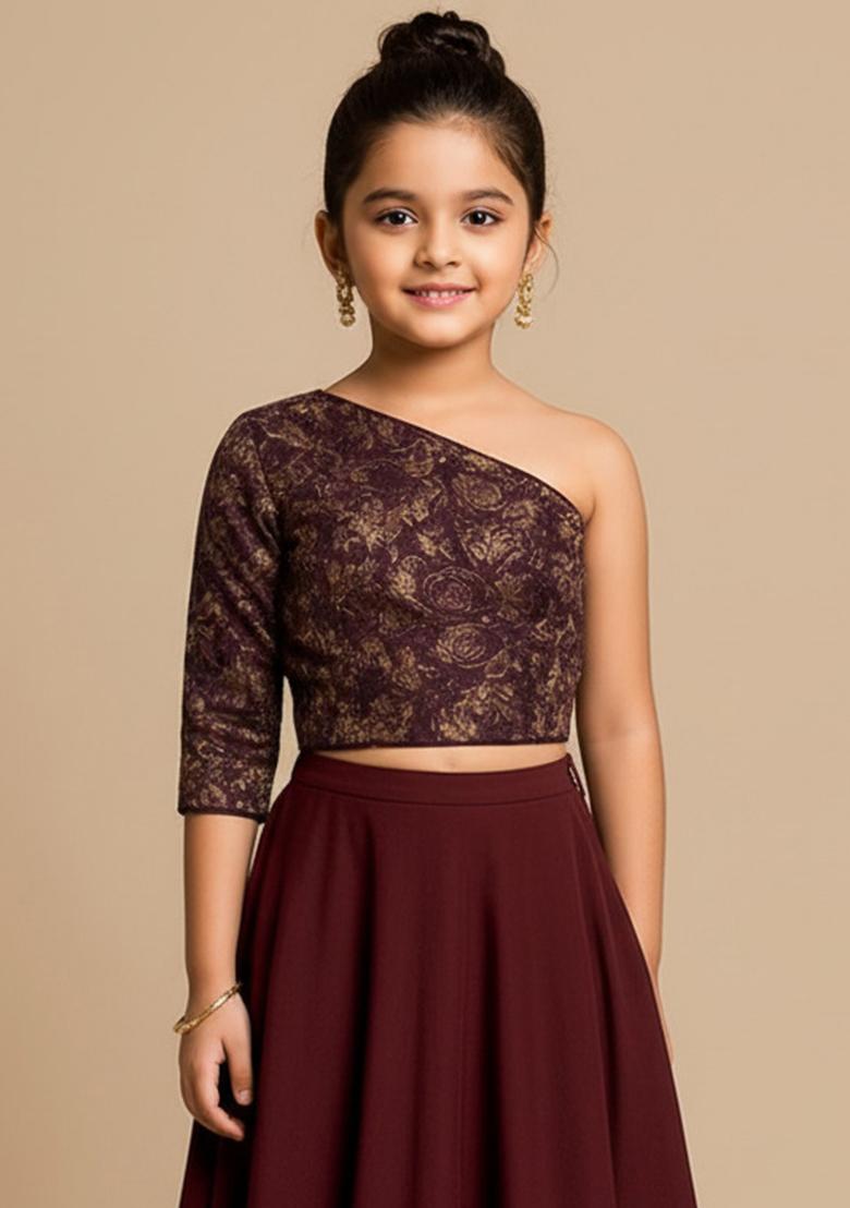 Brown Georgette Embroidered Fusion Set For Girls - Indya