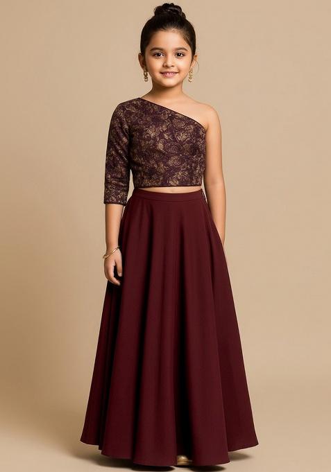 Brown Georgette Embroidered Fusion Set For Girls