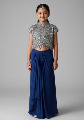 Blue Crepe Sequin Fusion Set For Girls