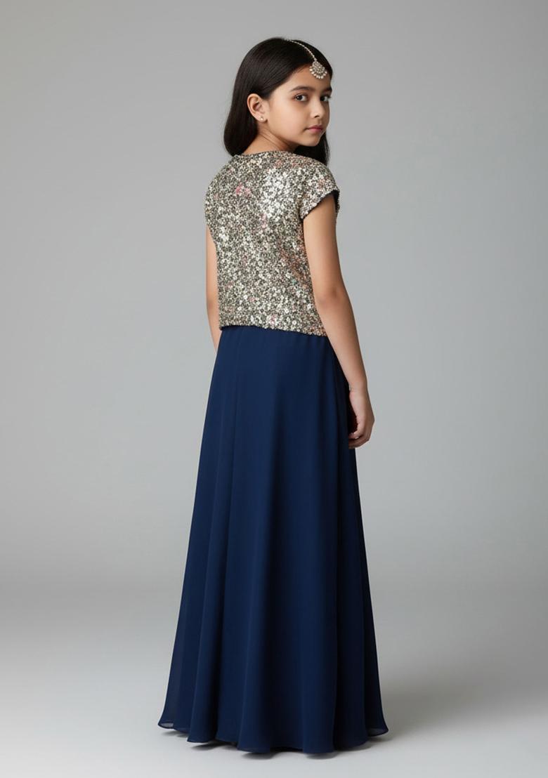 Blue Crepe Sequin Fusion Set For Girls - Indya