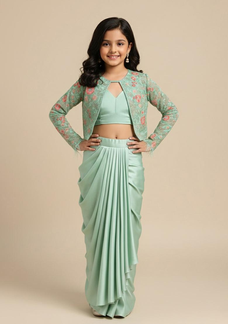 Mint Green Satin Embroidered Fusion Set For Girls