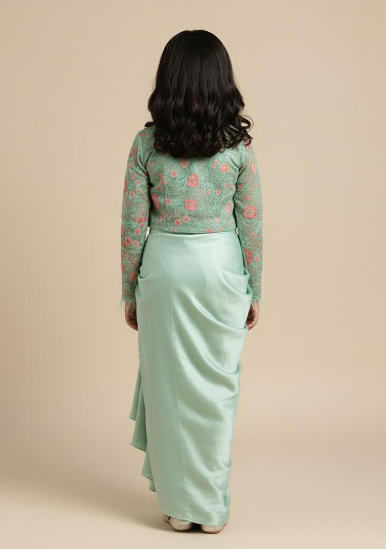 Mint Green Satin Embroidered Fusion Set For Girls - Indya