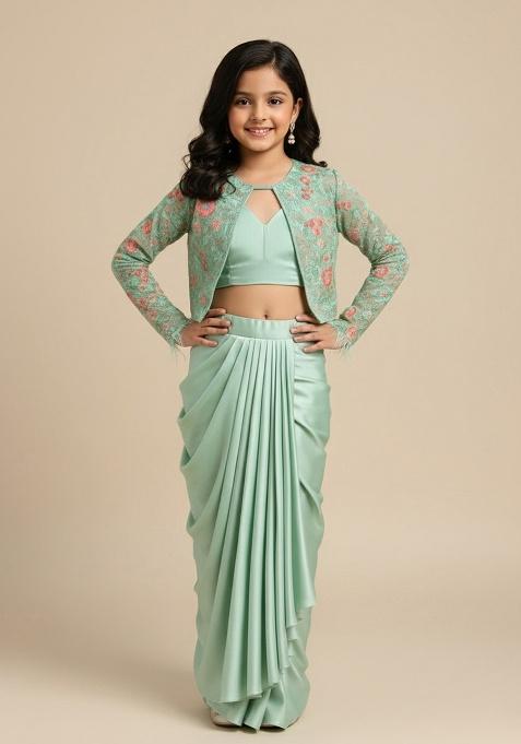 Mint Green Satin Embroidered Fusion Set For Girls