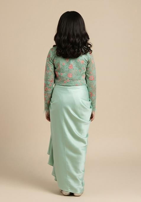 Mint Green Satin Embroidered Fusion Set For Girls