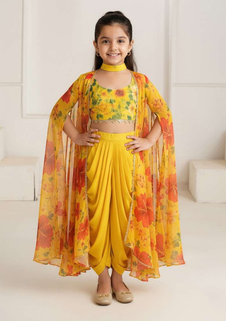 Yellow Georgette Floral Print Fusion Set For Girls - Indya