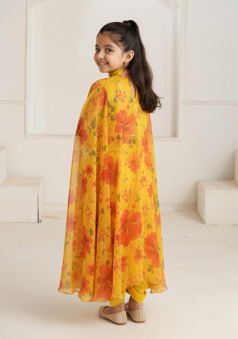 Yellow Georgette Floral Print Fusion Set For Girls - Indya