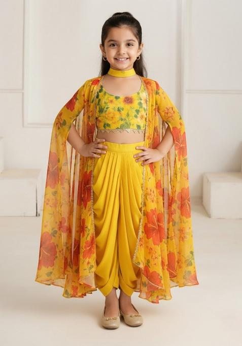 Yellow Georgette Floral Print Fusion Set For Girls
