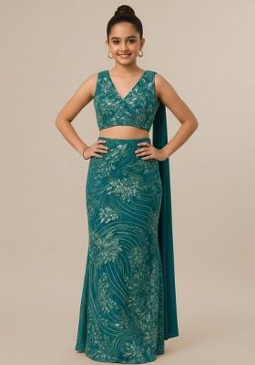 Teal Blue Georgette Sequin Fusion Set For Girls