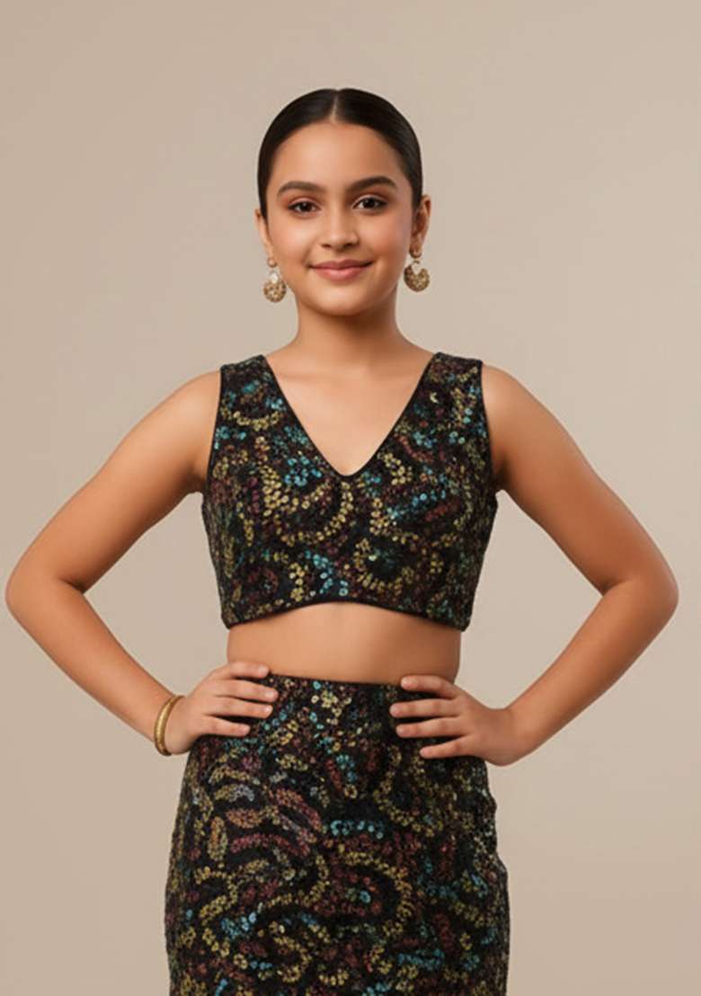Multi Color Net Embroidered Fusion Set For Girls - Indya