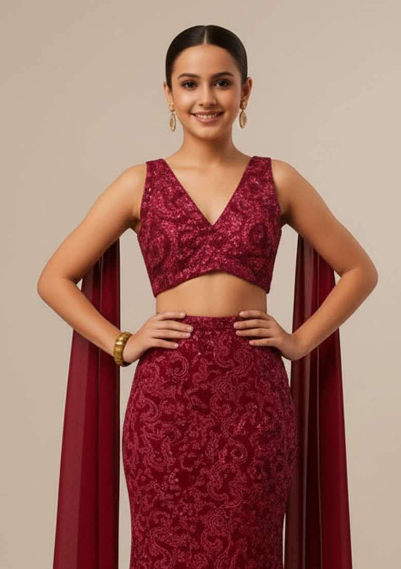 Maroon Net Embroidered Fusion Set For Girls - Indya