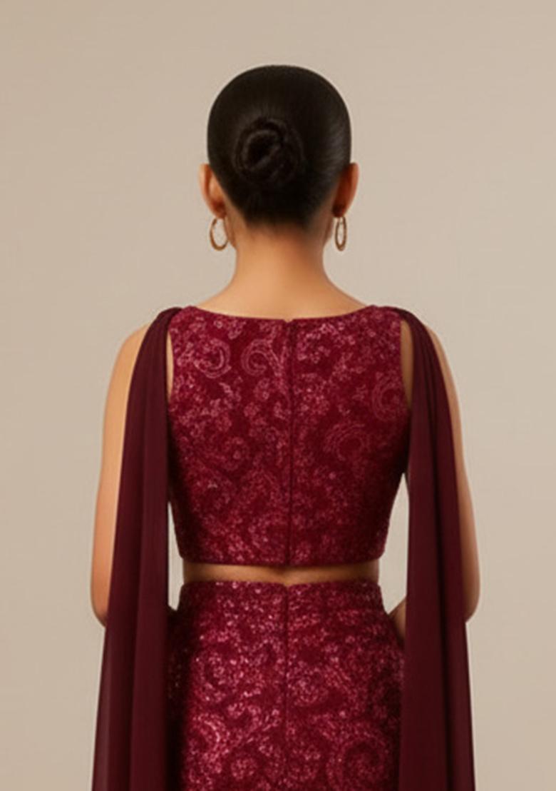 Maroon Net Embroidered Fusion Set For Girls - Indya