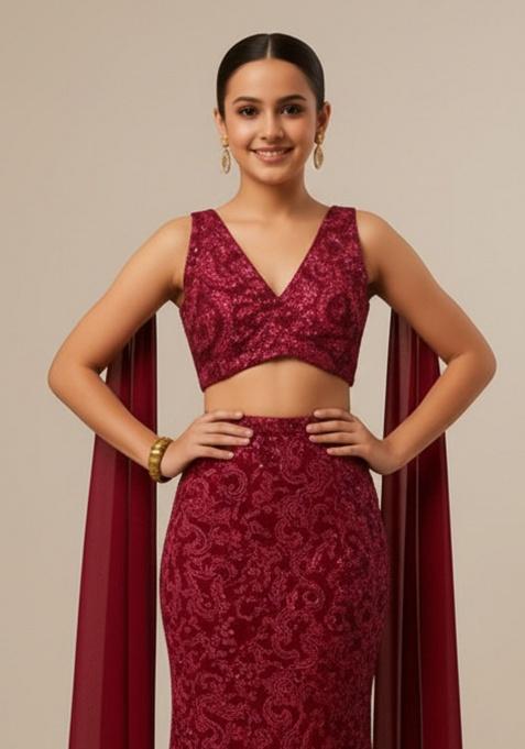 Maroon Net Embroidered Fusion Set For Girls