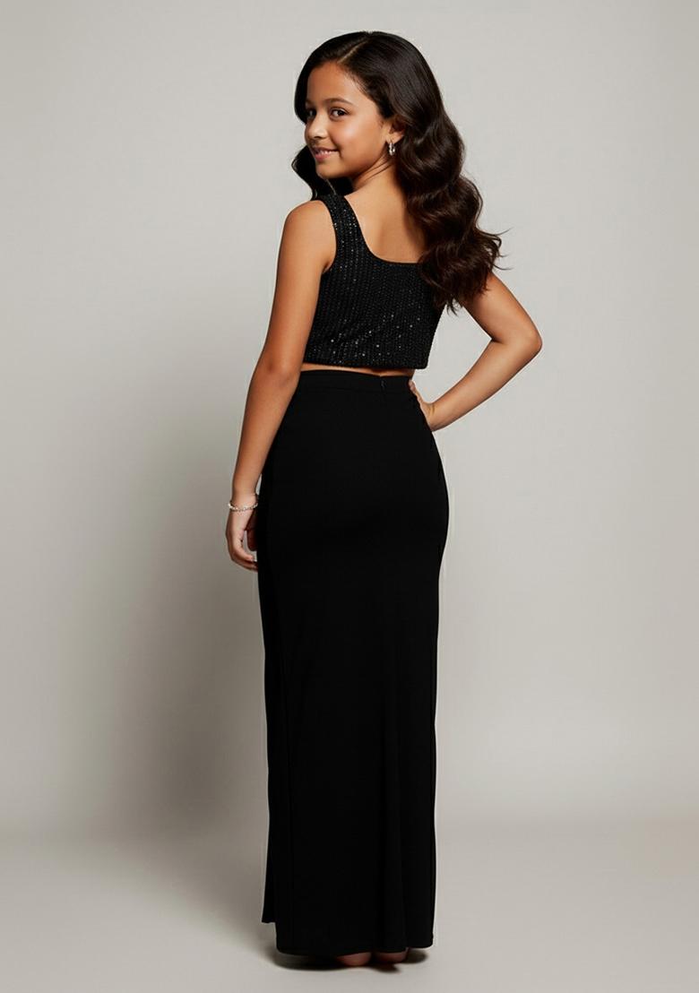 Black Georgette Embellished Fusion Set For Girls - Indya