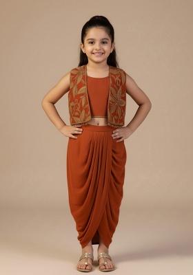Rust Georgette Embroidered Fusion Set For Girls
