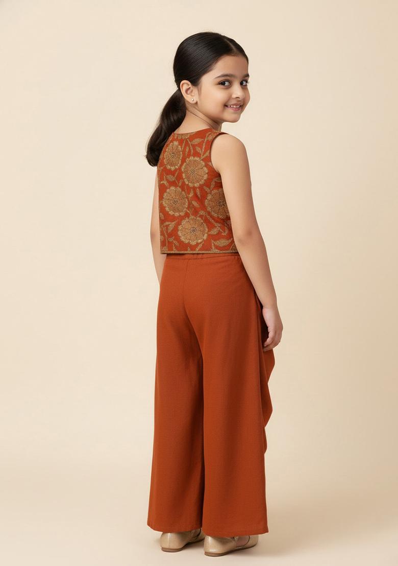 Rust Georgette Embroidered Fusion Set For Girls - Indya